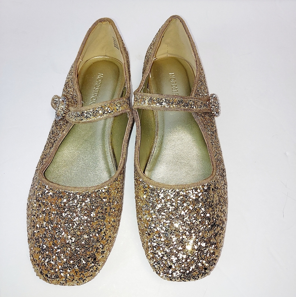 Nordstrom Camilia Girl's Size 3 Shoes Sparkly Gold Mary Jane Flats Party Recital